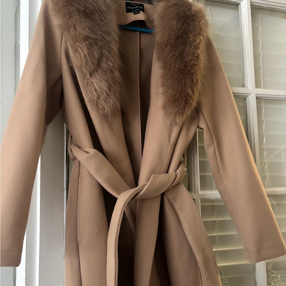 New York & Company Tan Trench Coat with Faux Fur Collar